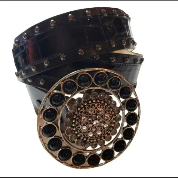Cach'e S‎ black leather rhinestones & studded belt - Picture 1 of 8